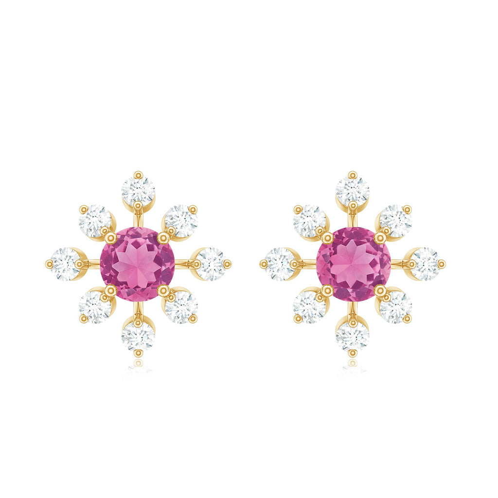 Natural Pink Tourmaline Flower Stud Earrings with Diamond