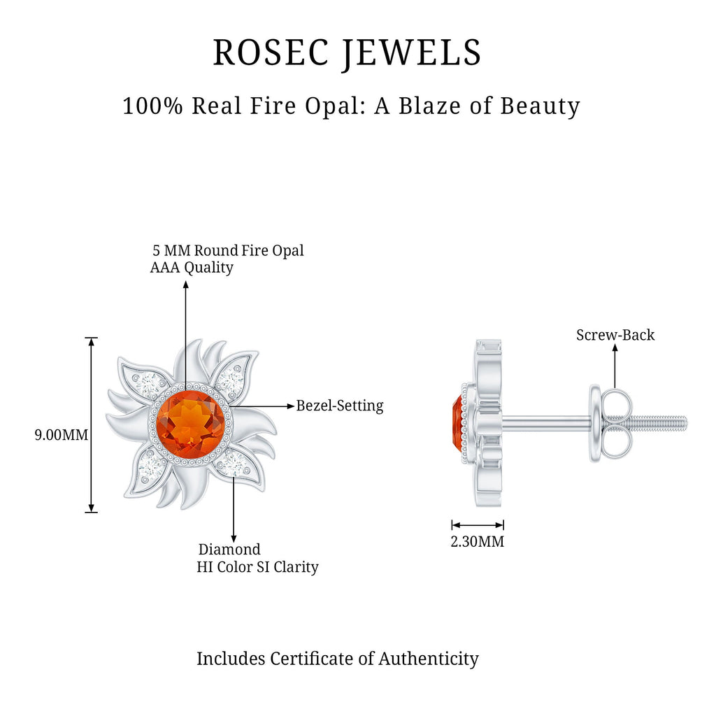 Genuine Fire Opal Sunburst Earrings with Diamond