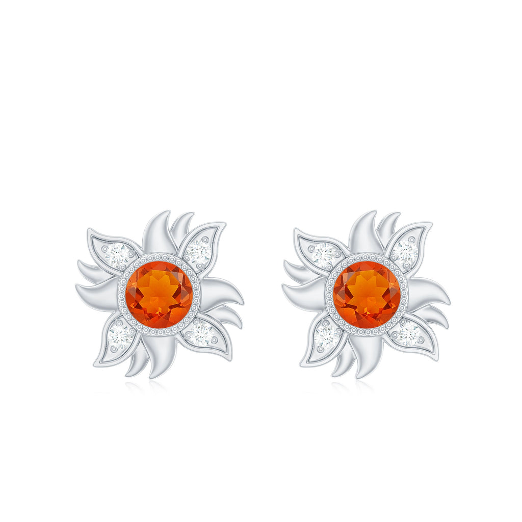 Genuine Fire Opal Sunburst Earrings with Diamond