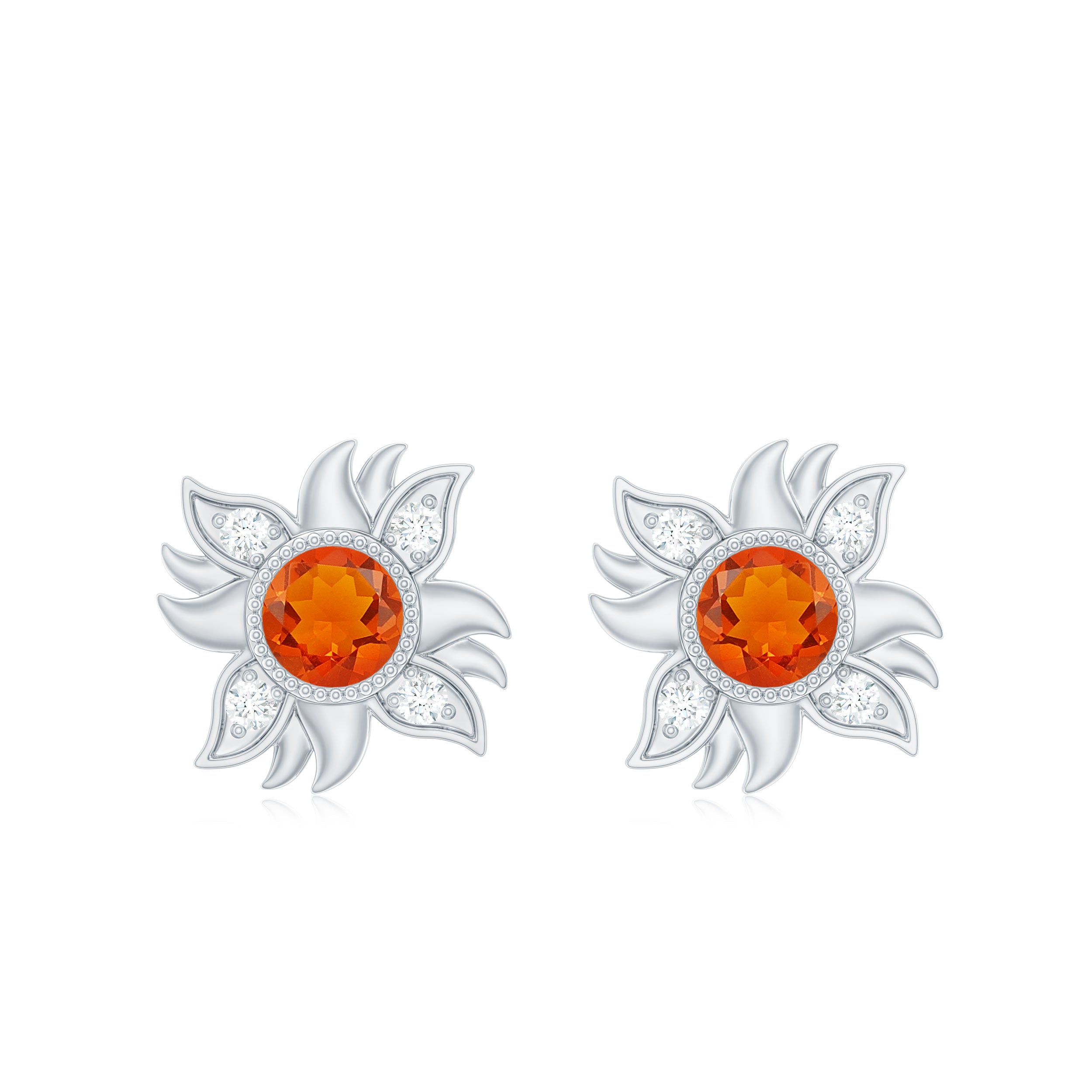 Genuine Fire Opal Sunburst Earrings with Diamond
