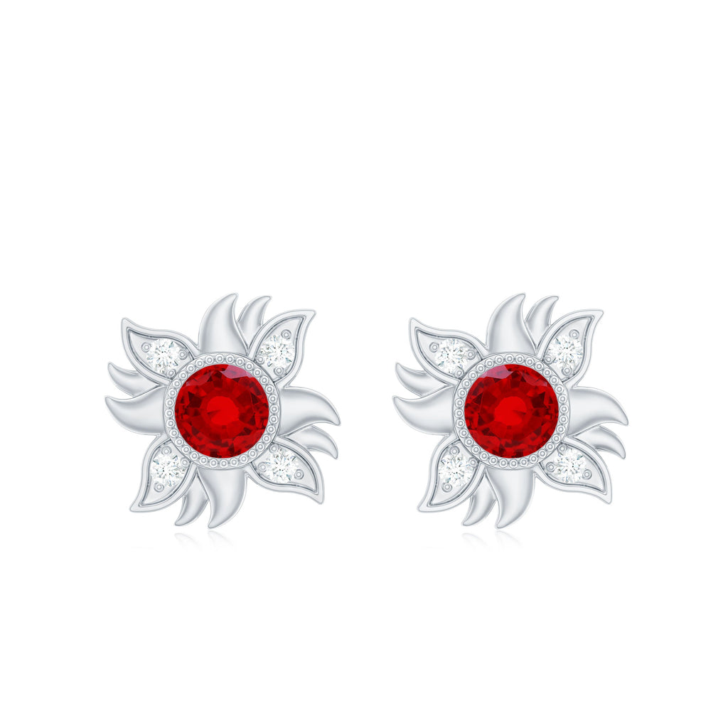 Bezel Set Lab Grown Ruby and Diamond Sunburst Stud Earrings