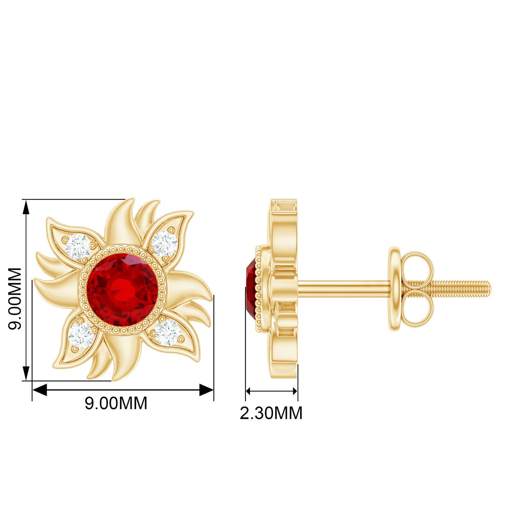 Bezel Set Lab Grown Ruby and Diamond Sunburst Stud Earrings