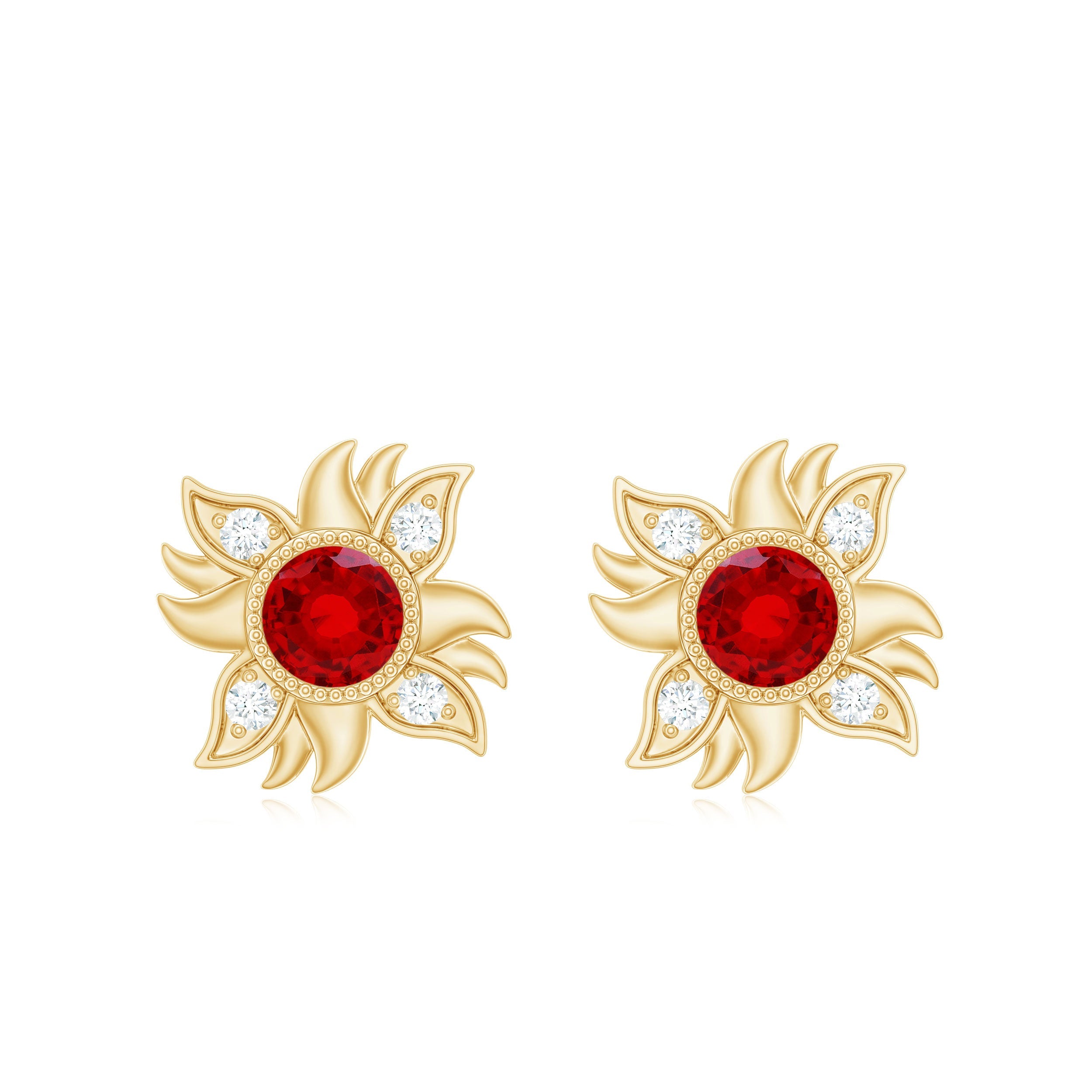 Bezel Set Lab Grown Ruby and Diamond Sunburst Stud Earrings