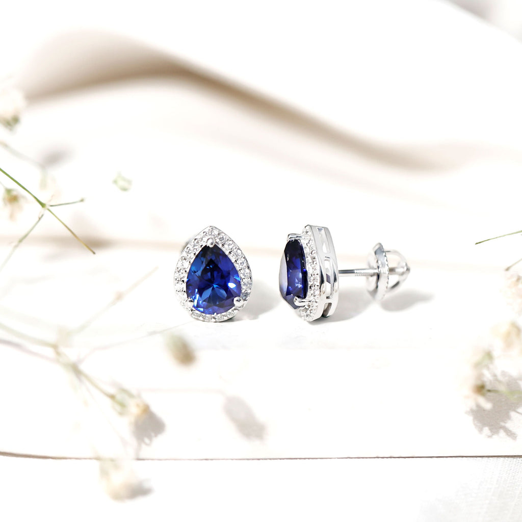 Lab Grown Blue Sapphire Teardrop Stud Earrings With Diamond Halo