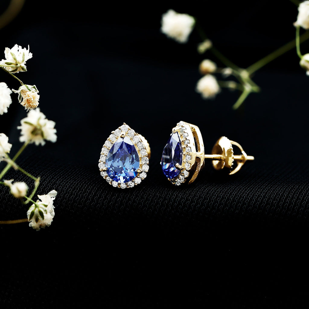 Lab Grown Blue Sapphire Teardrop Stud Earrings With Diamond Halo