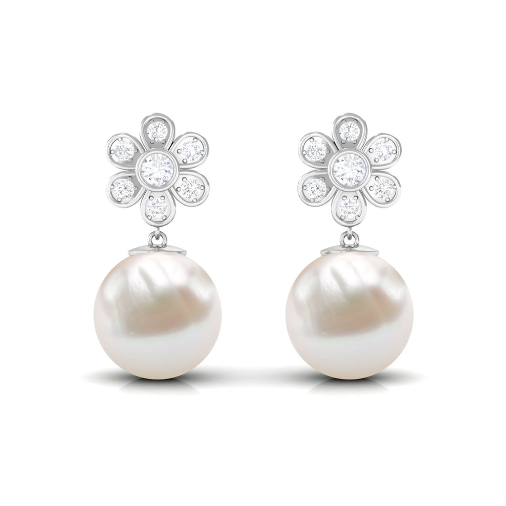 Cultured Freshwater Pearl Drop Earrings with Diamond Flower