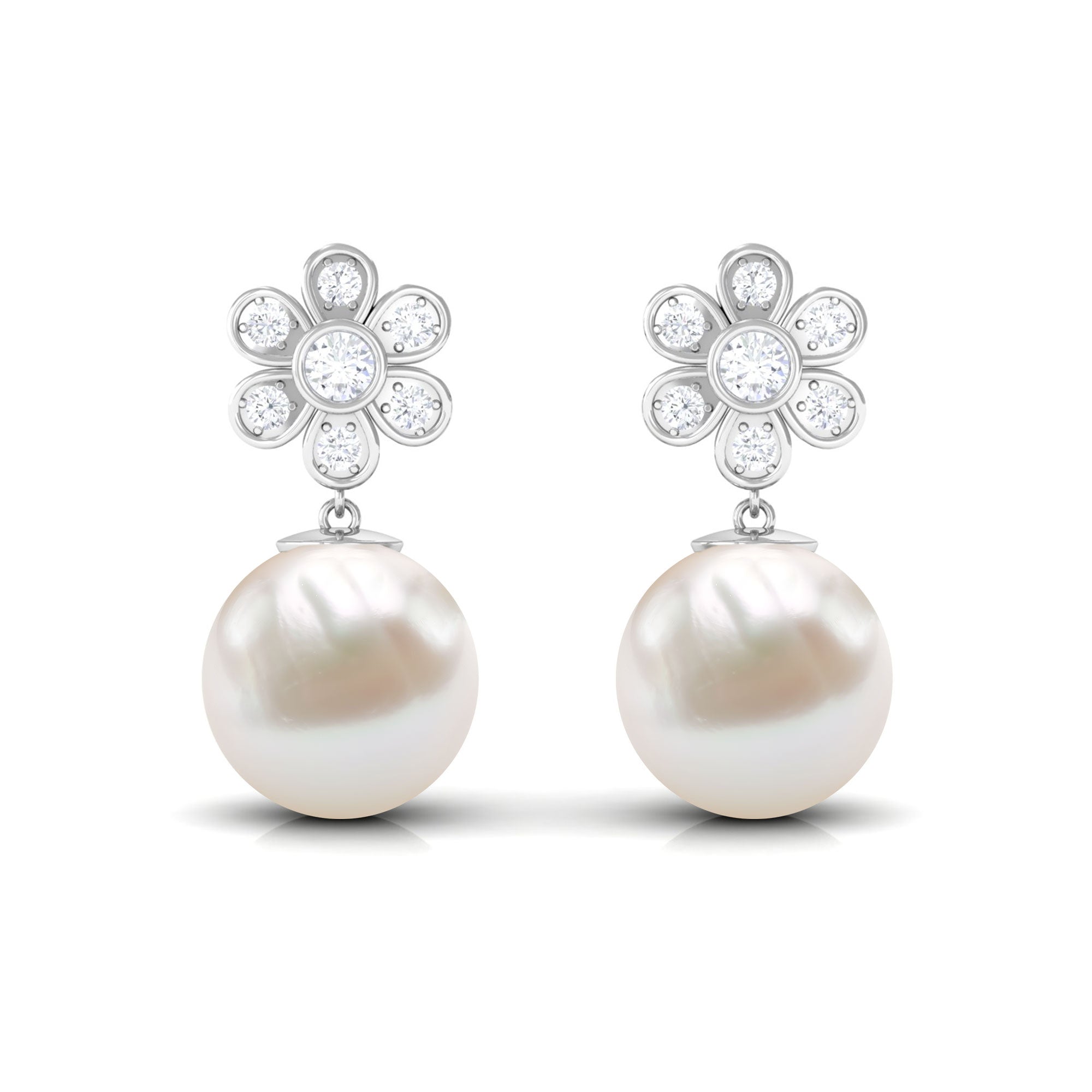 Cultured Freshwater Pearl Drop Earrings with Diamond Flower