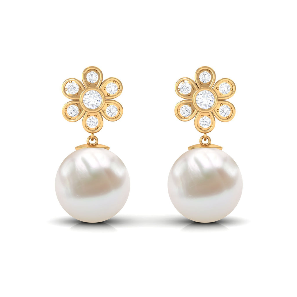 Cultured Freshwater Pearl Drop Earrings with Diamond Flower