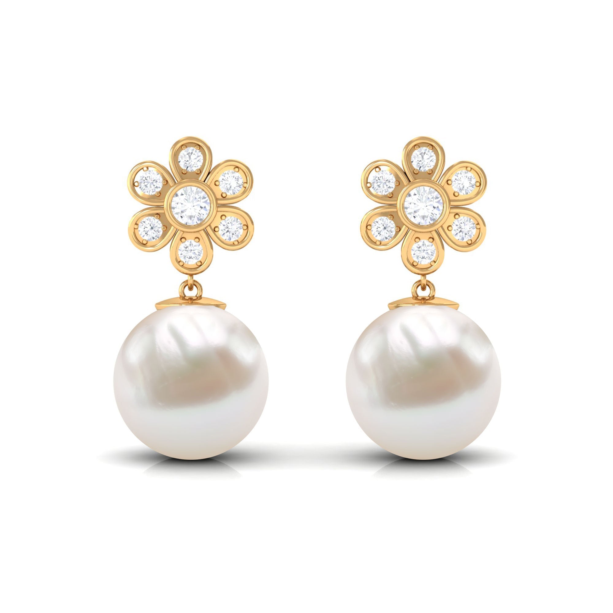 Cultured Freshwater Pearl Drop Earrings with Diamond Flower