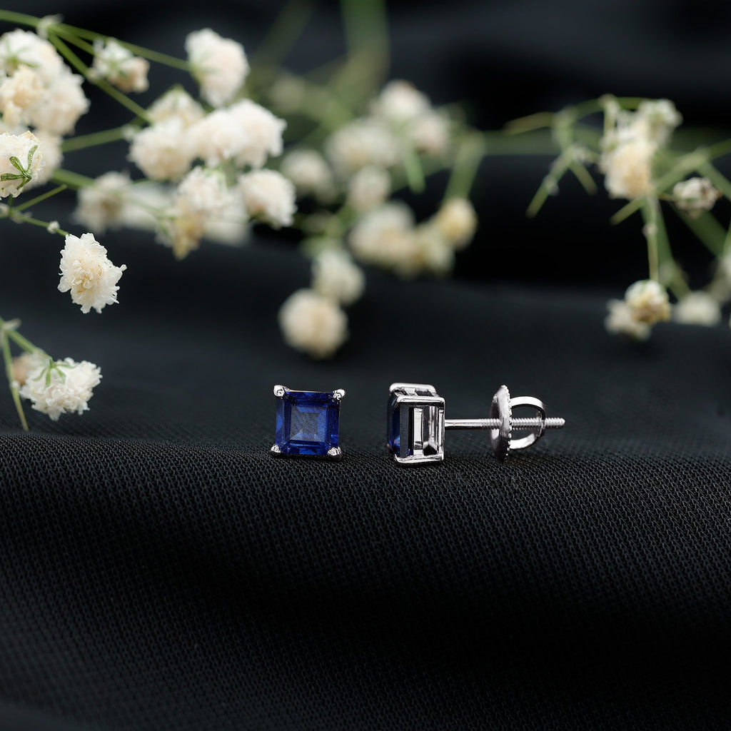 1.4 Carat Princess Cut Lab Created Blue Sapphire Solitaire Stud Earrings