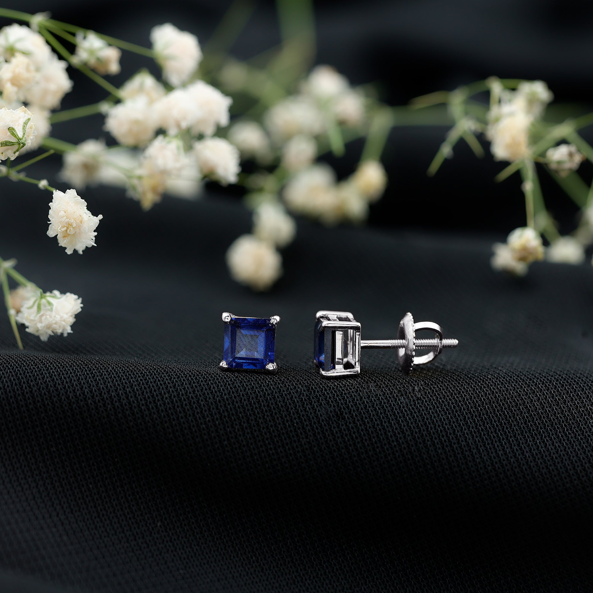 1.4 Carat Princess Cut Lab Created Blue Sapphire Solitaire Stud Earrings