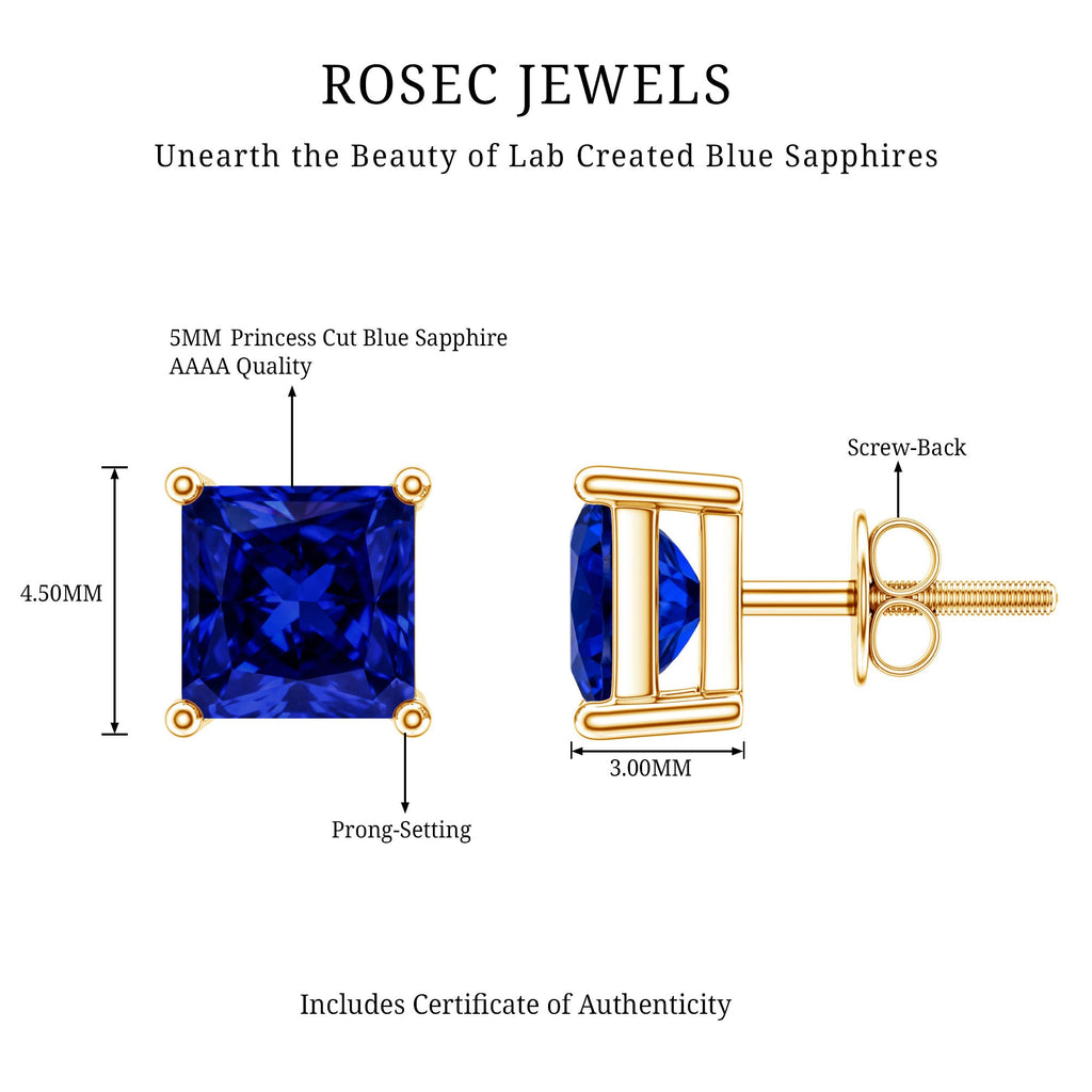 1.4 Carat Princess Cut Lab Created Blue Sapphire Solitaire Stud Earrings
