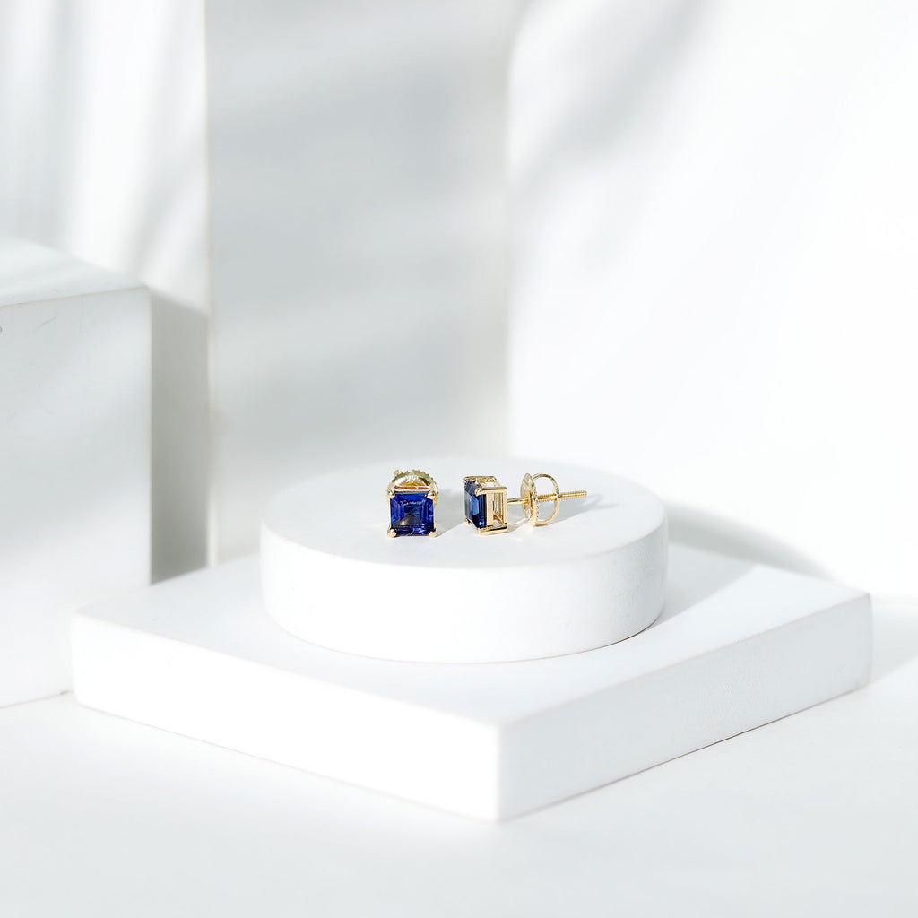 1.4 Carat Princess Cut Lab Created Blue Sapphire Solitaire Stud Earrings