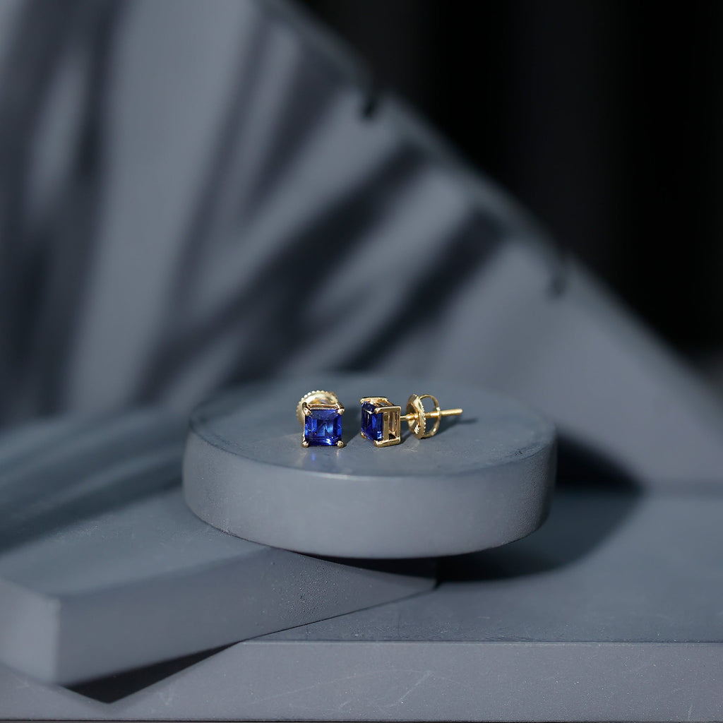 1.4 Carat Princess Cut Lab Created Blue Sapphire Solitaire Stud Earrings