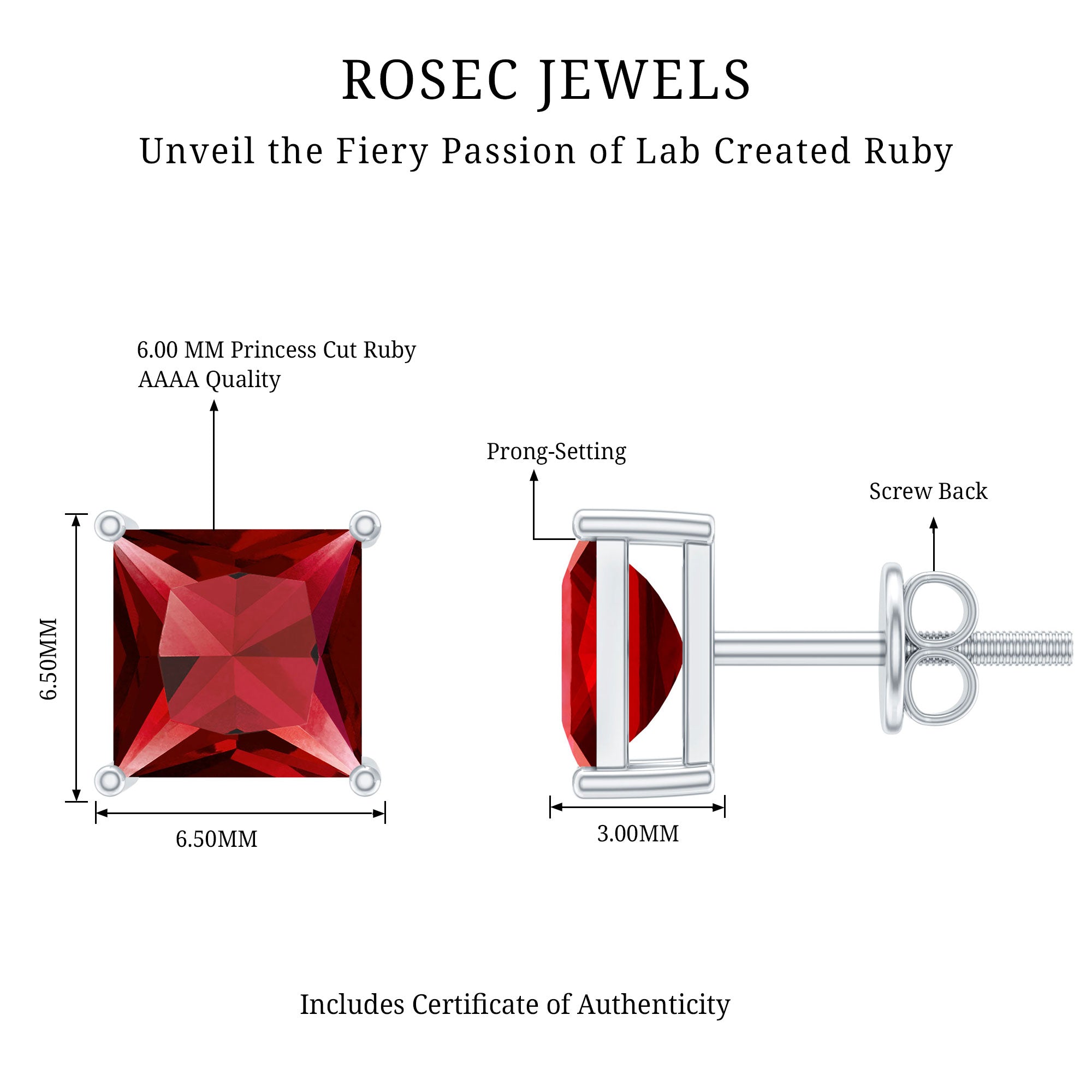 3 Carat Princess Cut Lab Created Ruby Solitaire Stud Earrings
