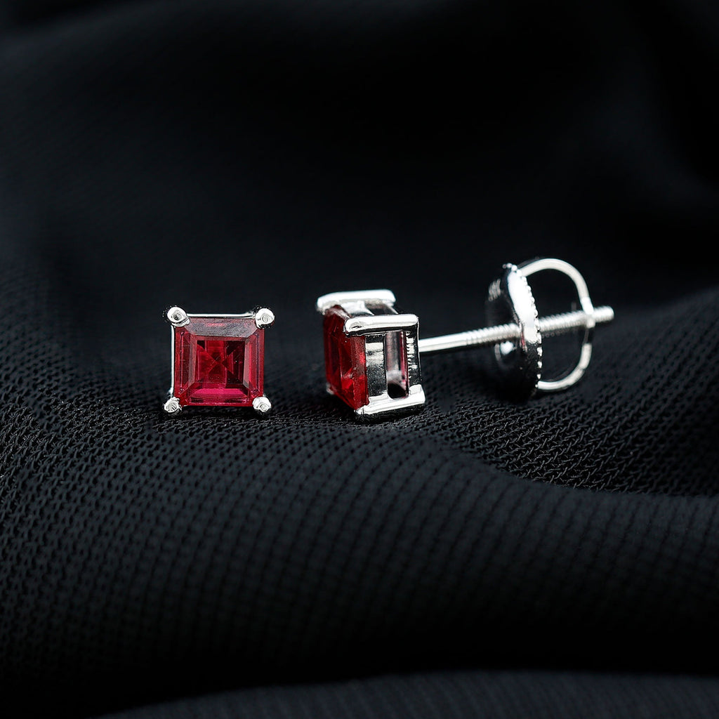 3 Carat Princess Cut Lab Created Ruby Solitaire Stud Earrings