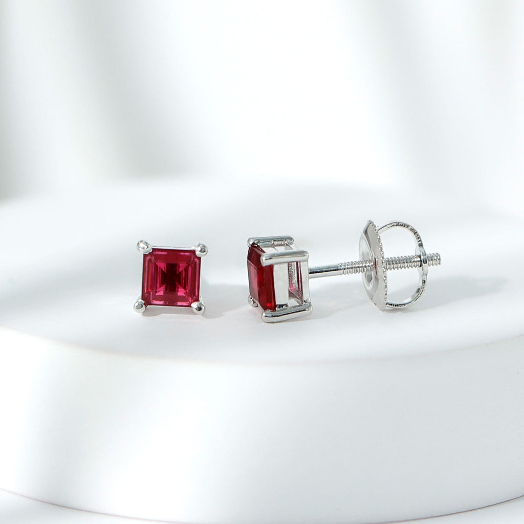 3 Carat Princess Cut Lab Created Ruby Solitaire Stud Earrings