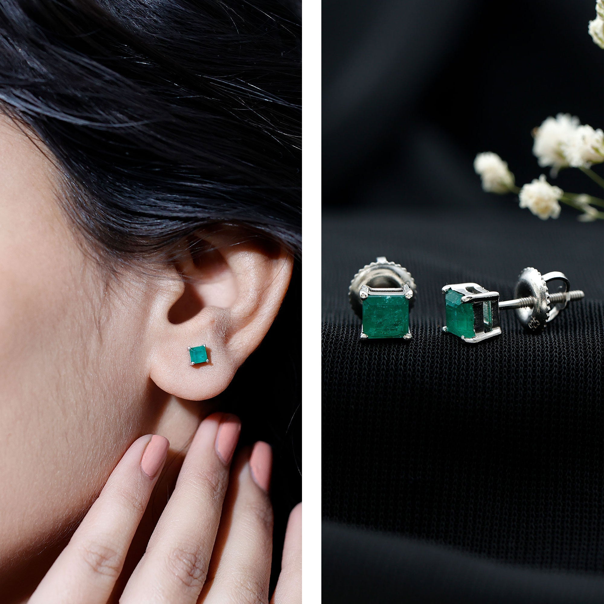 Princess Cut Natural Emerald Solitaire Stud Earrings