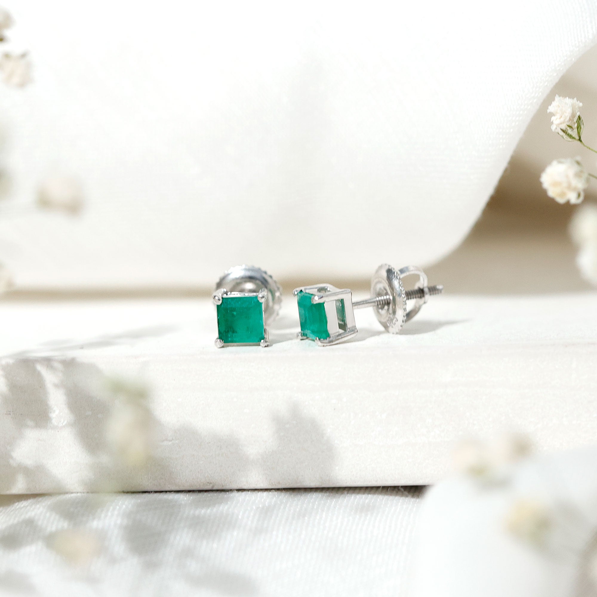 Princess Cut Natural Emerald Solitaire Stud Earrings