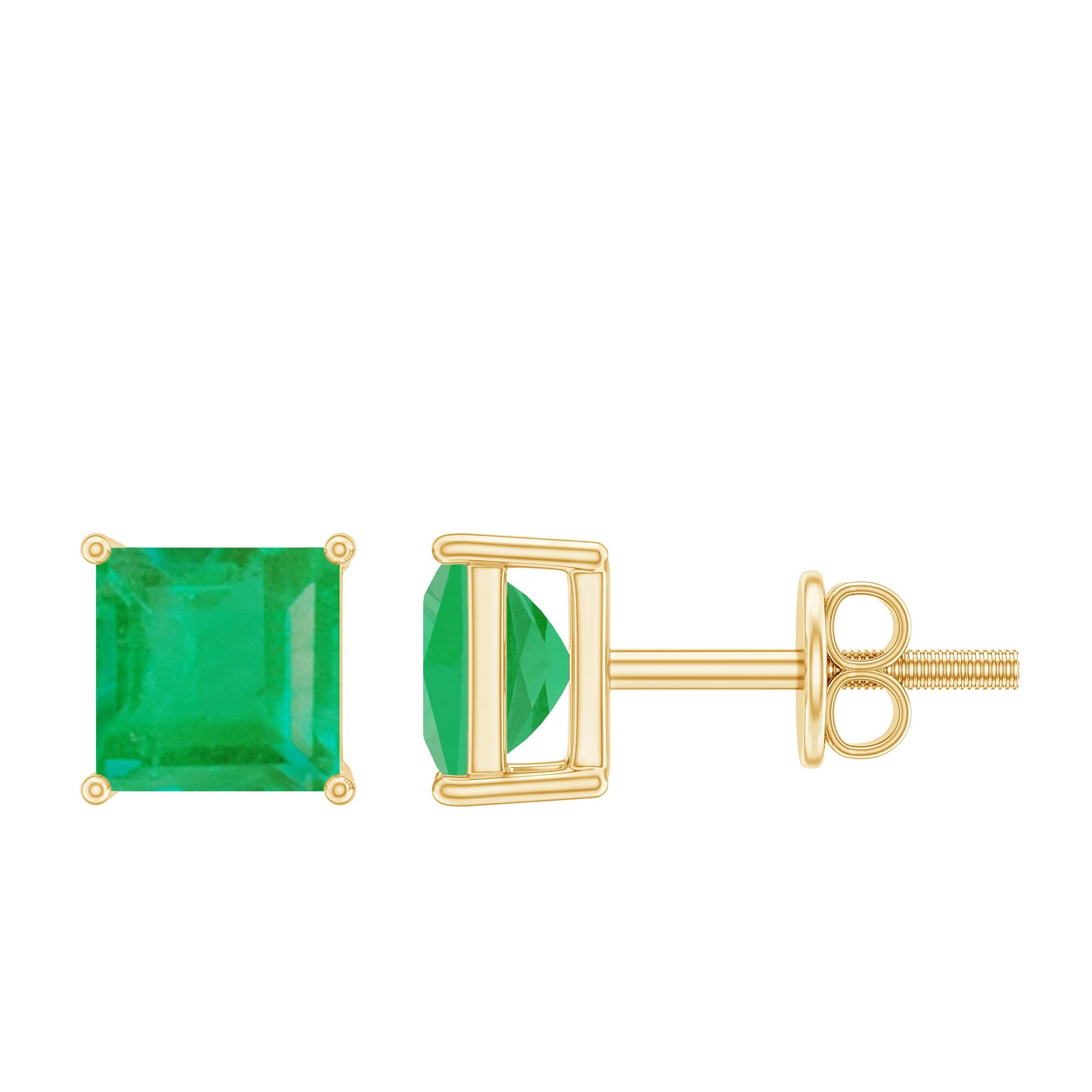 Princess Cut Natural Emerald Solitaire Stud Earrings