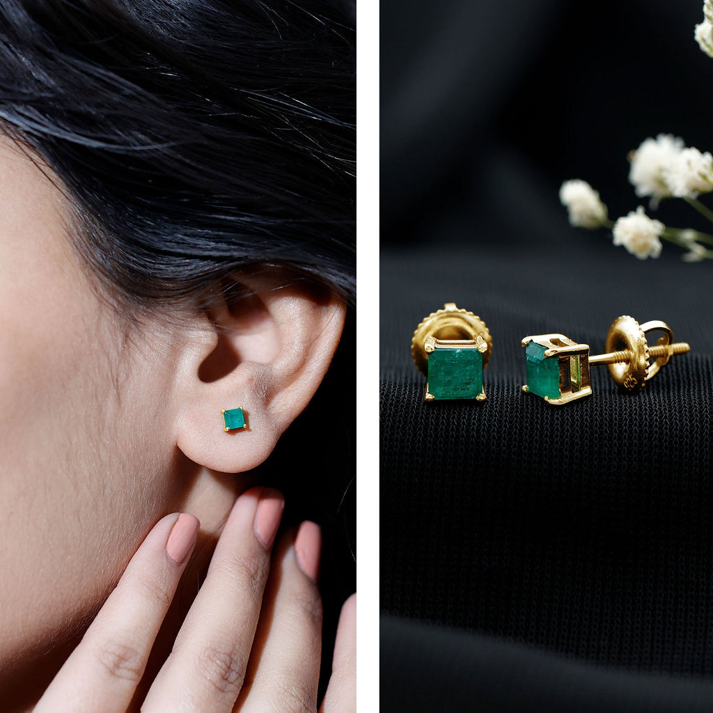Princess Cut Natural Emerald Solitaire Stud Earrings