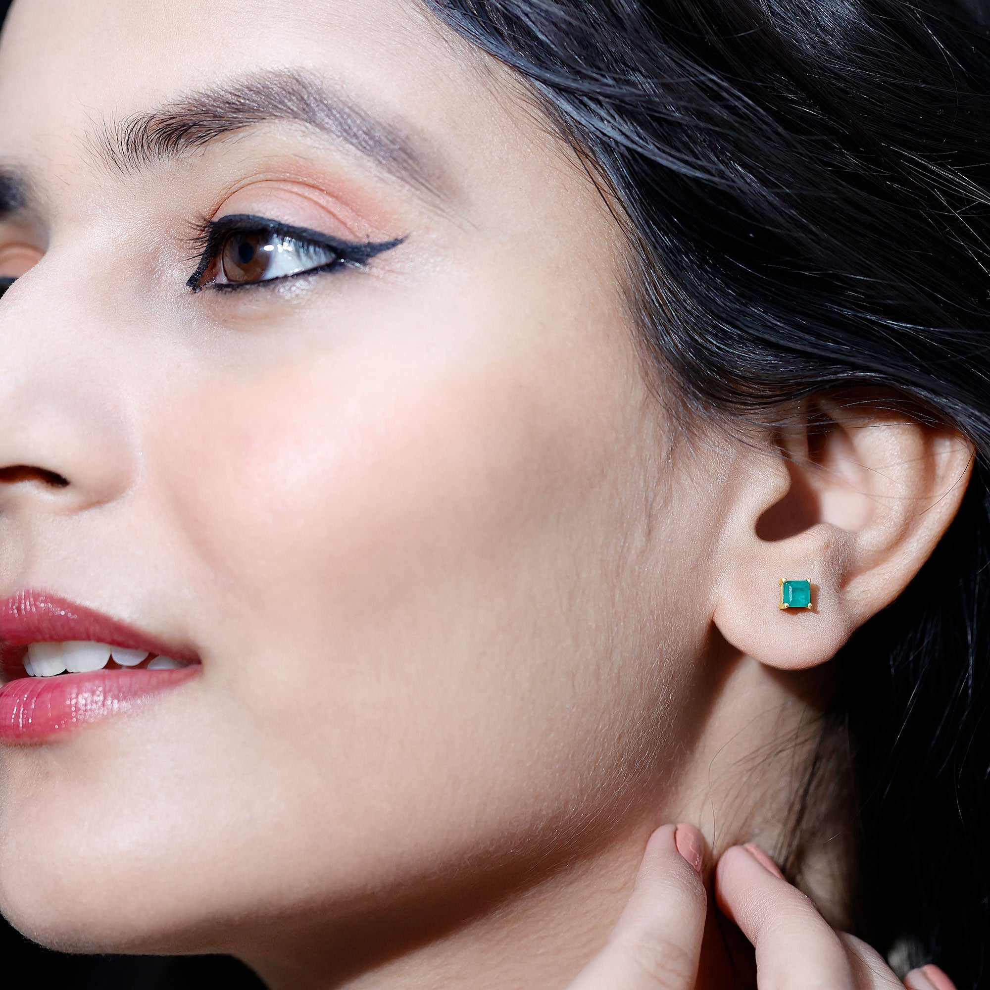 Princess Cut Natural Emerald Solitaire Stud Earrings