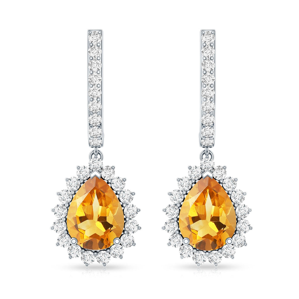 Genuine 2 Carat Pear Shape Citrine Drop Earrings with Moissanite