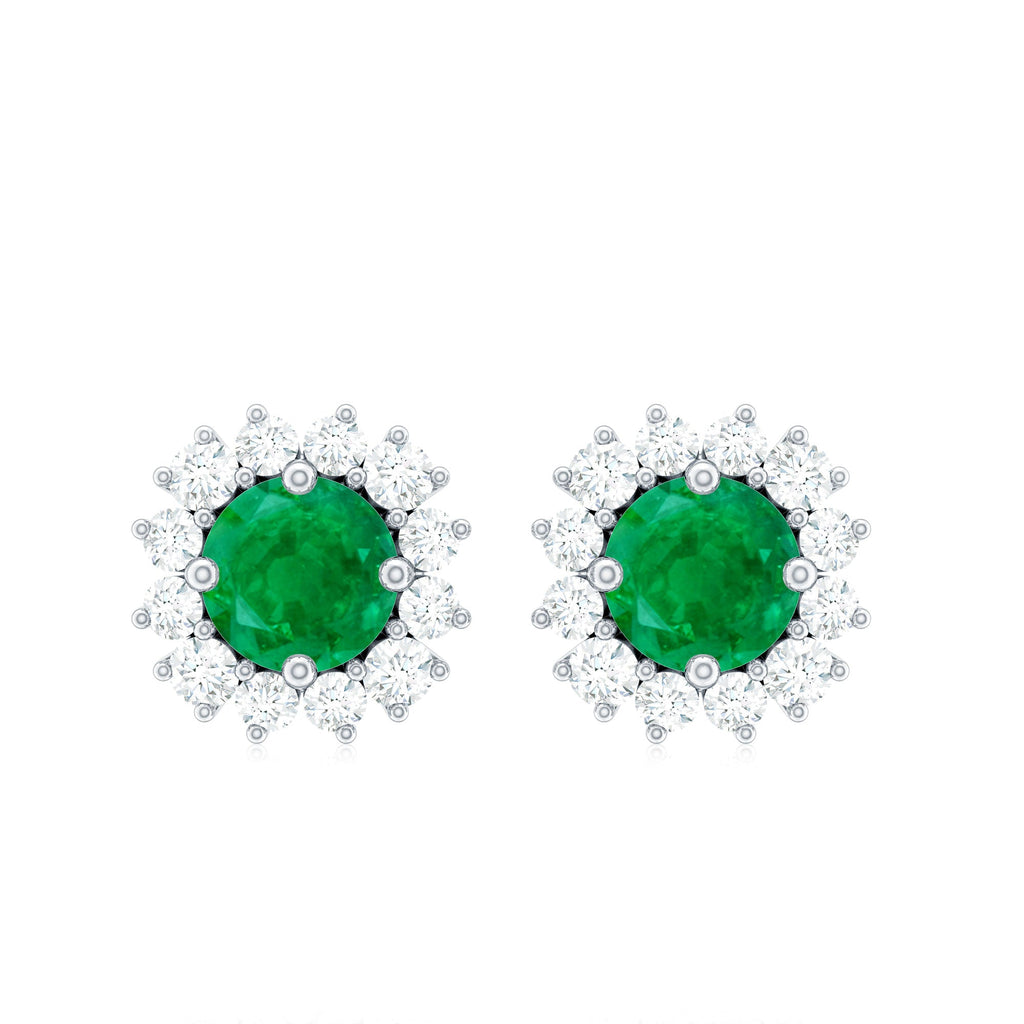 Natural Emerald Classic Stud Earrings with Diamond Halo