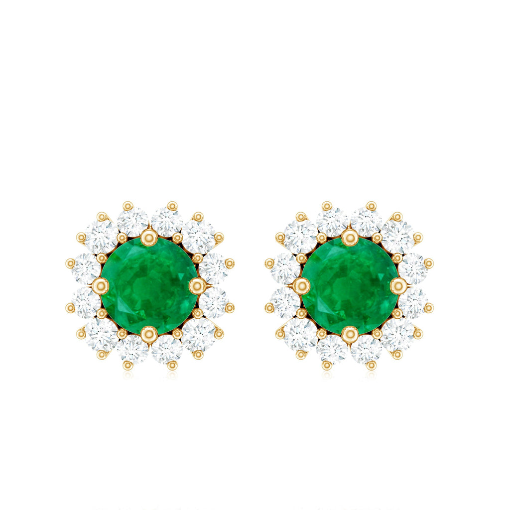 Natural Emerald Classic Stud Earrings with Diamond Halo