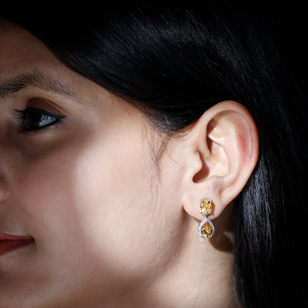 Natural 2 Carat Citrine and Diamond Teardrop Earrings