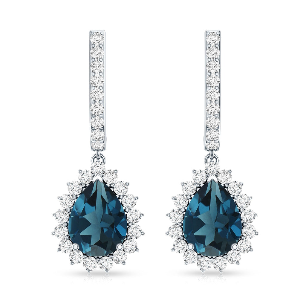 London Blue Topaz Teardrop Hoop Earrings with Diamond Halo