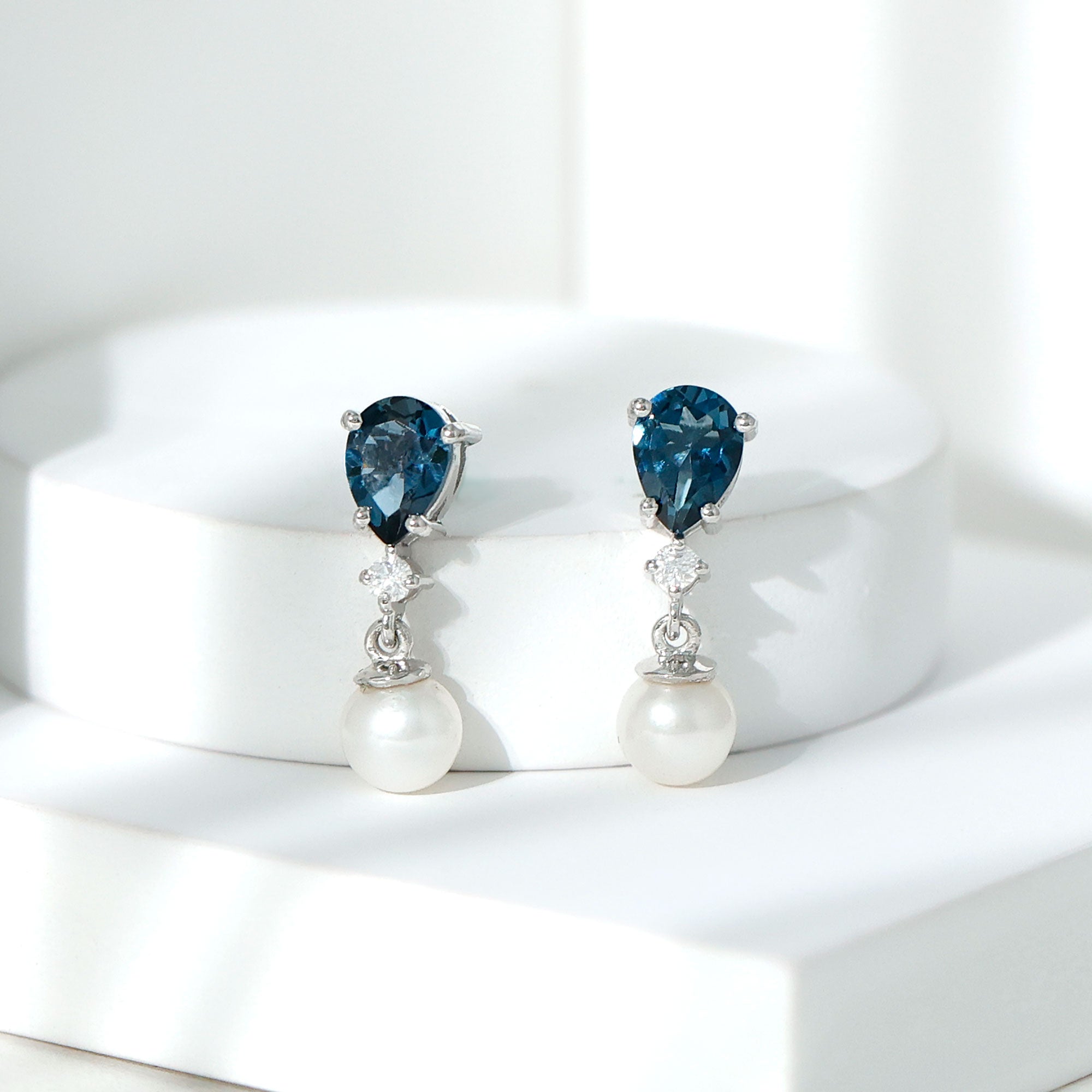 Genuine Freshwater Pearl Drop Earrings With London Blue Topaz