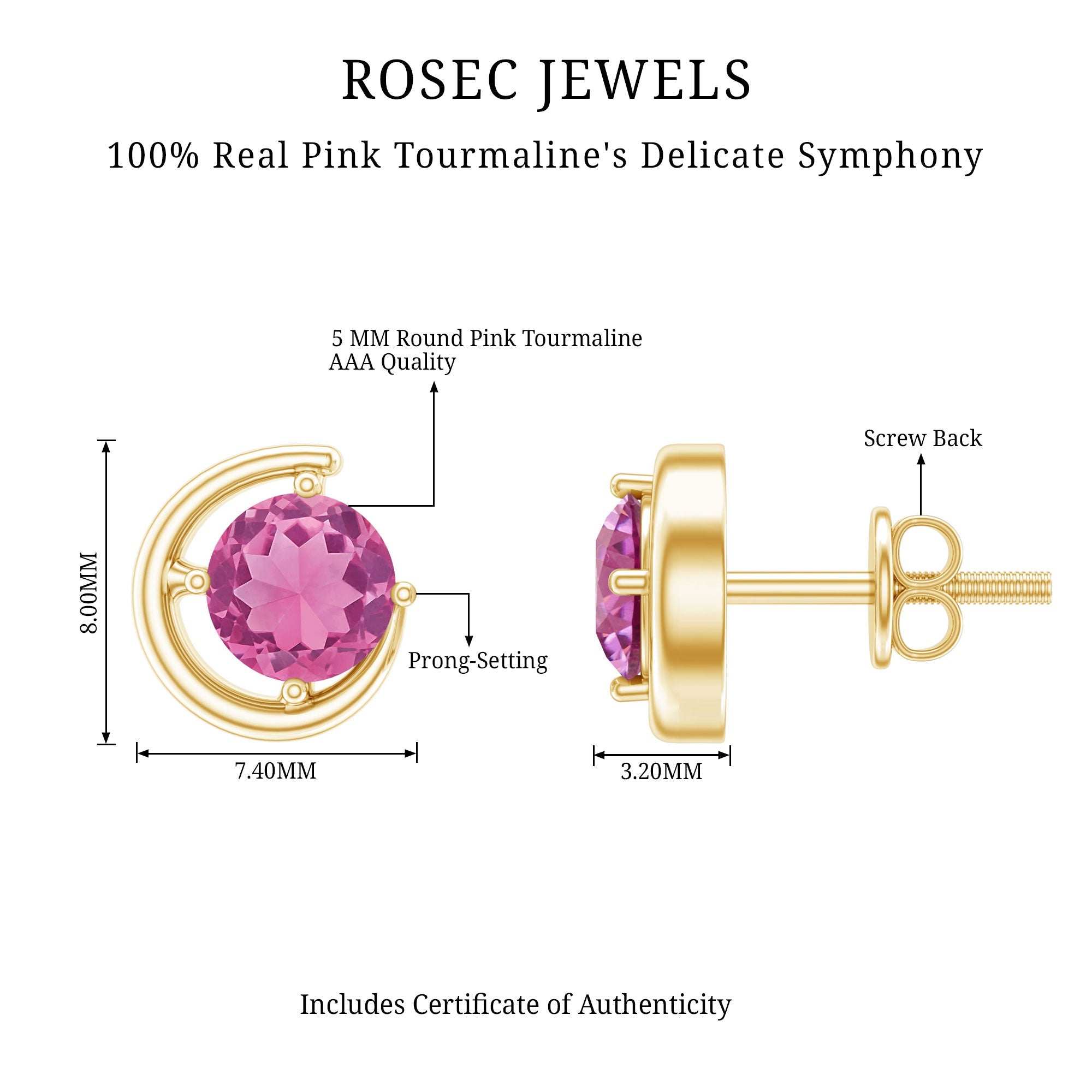 0.9 Carat Genuine Pink Tourmaline Solitaire Stud Earrings