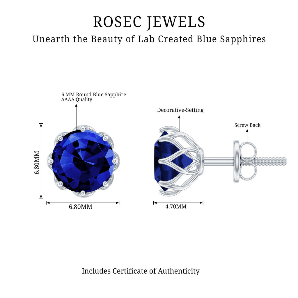 Round Lab Created Blue Sapphire Stud Earrings in Decorative Setting