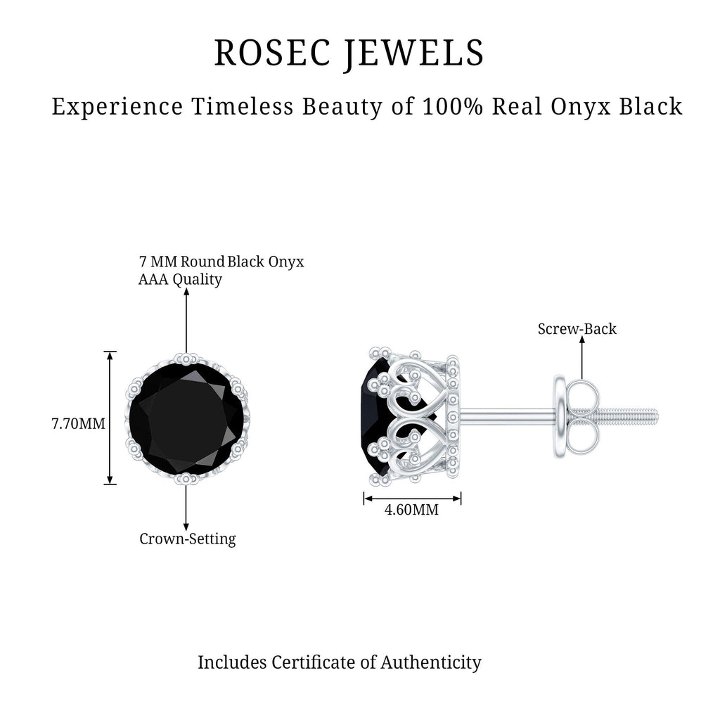 Genuine Black Onyx Crown Stud Earrings with Screw Back