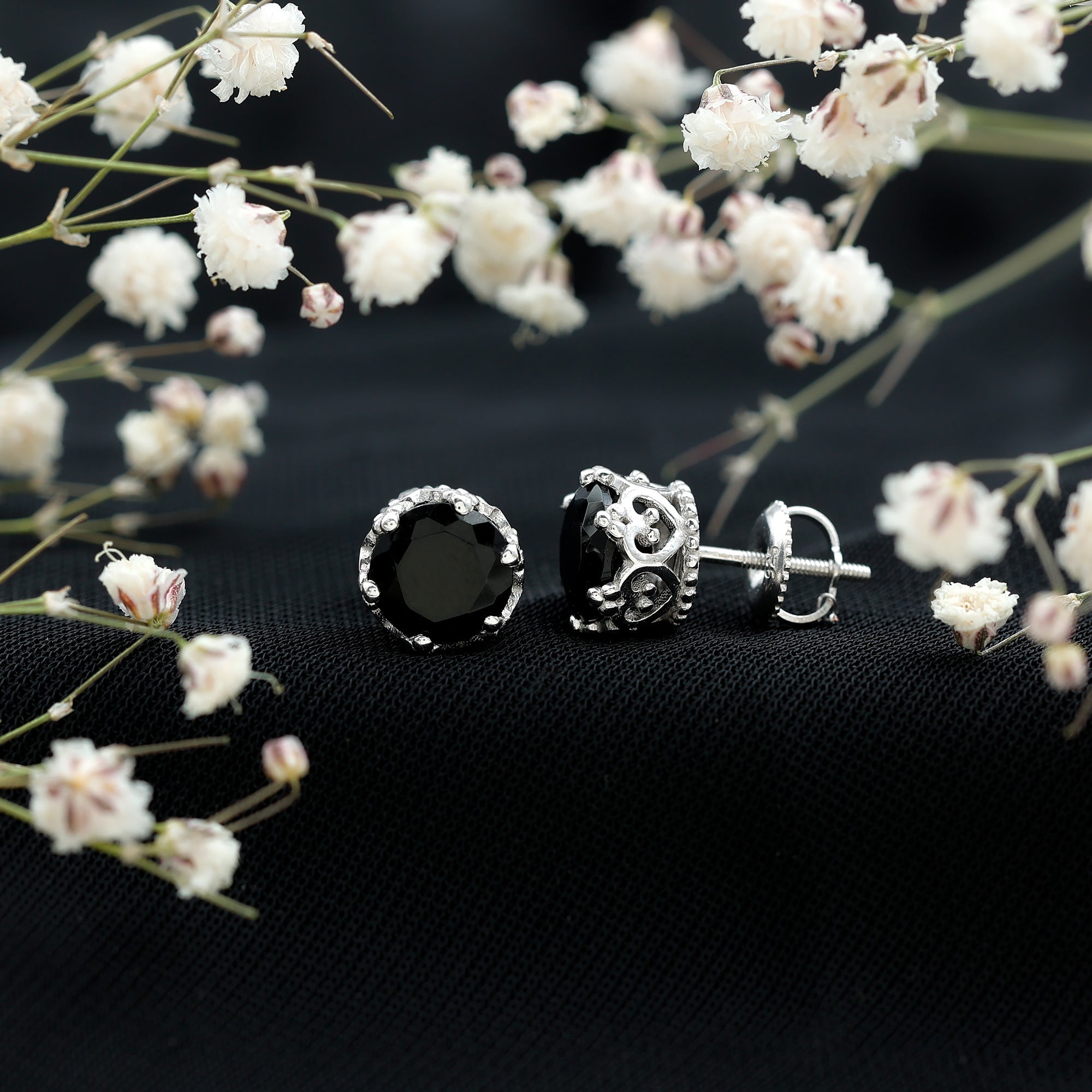 Genuine Black Onyx Crown Stud Earrings with Screw Back