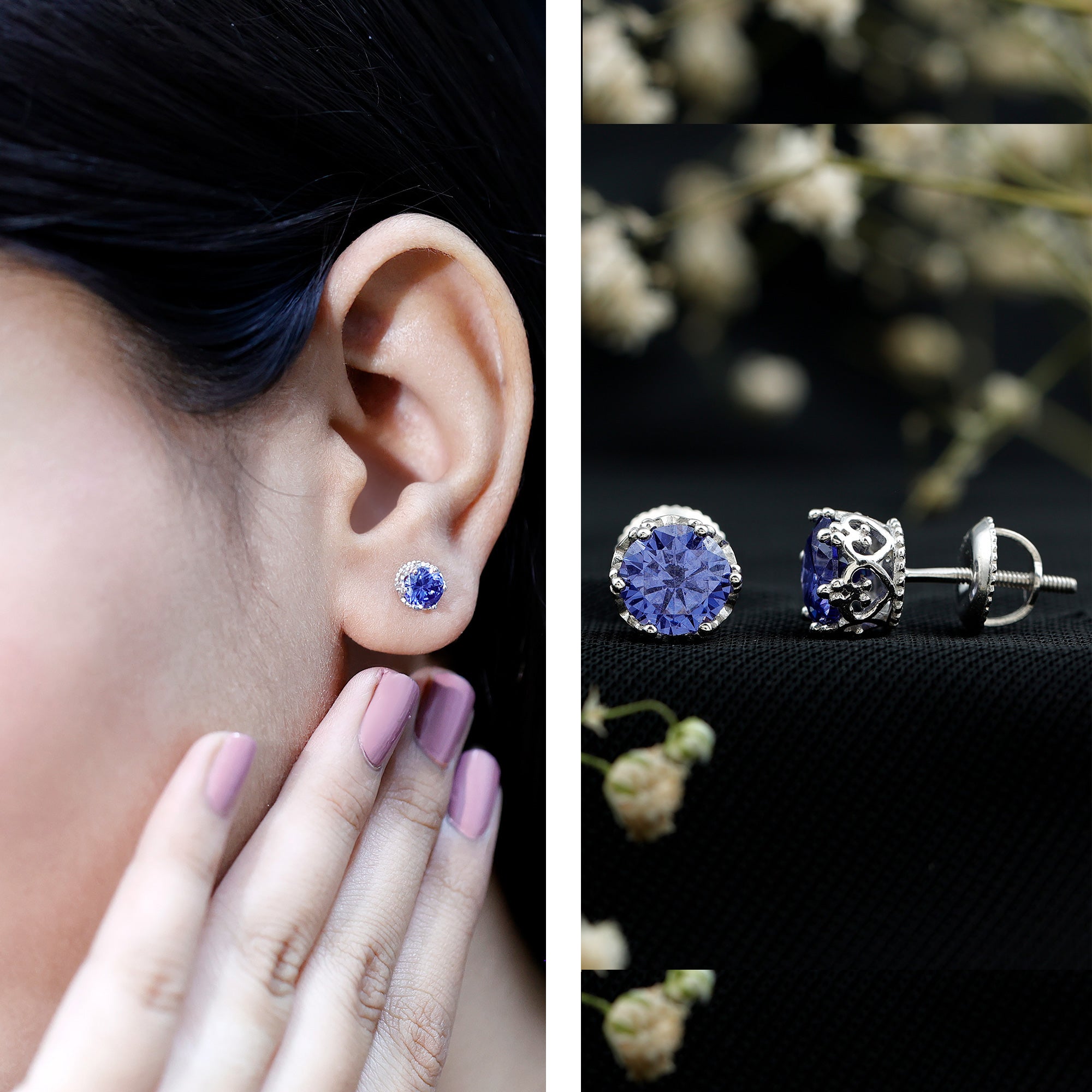 2 Carat Solitaire Lab Created Blue Sapphire Crown Stud Earrings