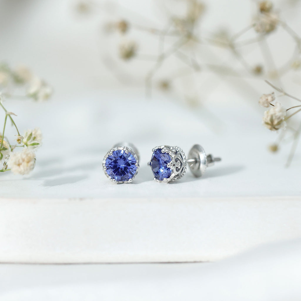2 Carat Solitaire Lab Created Blue Sapphire Crown Stud Earrings