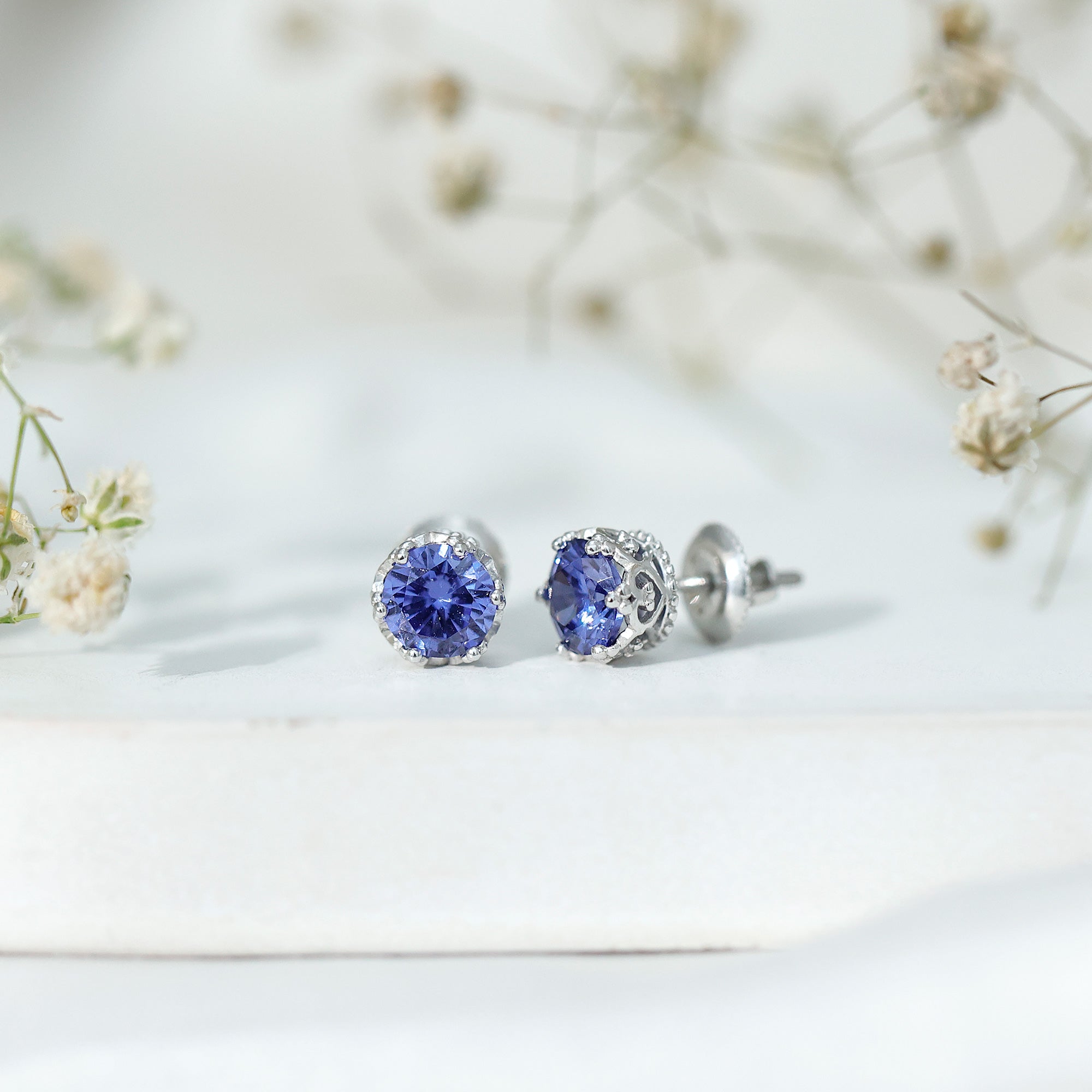 2 Carat Solitaire Lab Created Blue Sapphire Crown Stud Earrings