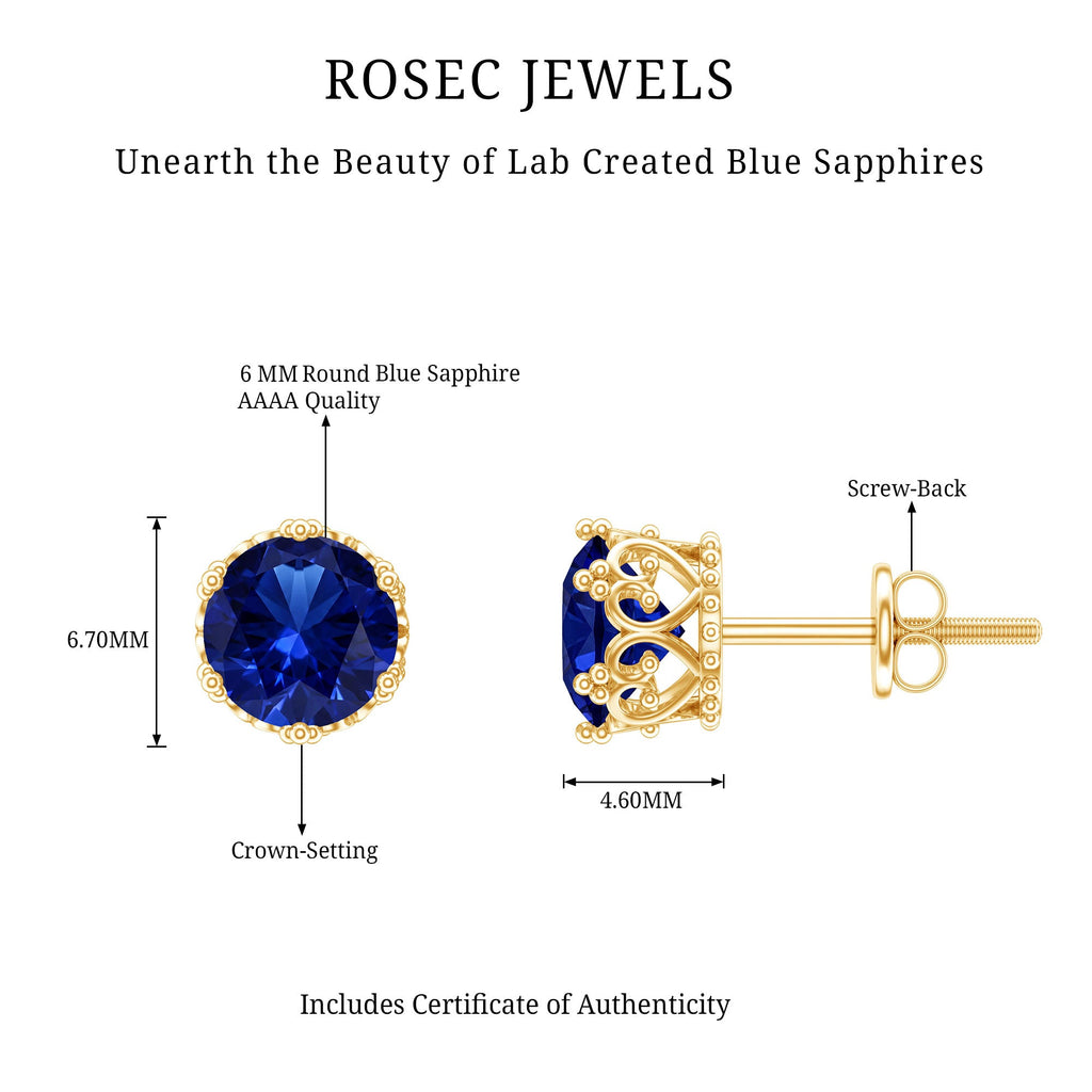 2 Carat Solitaire Lab Created Blue Sapphire Crown Stud Earrings