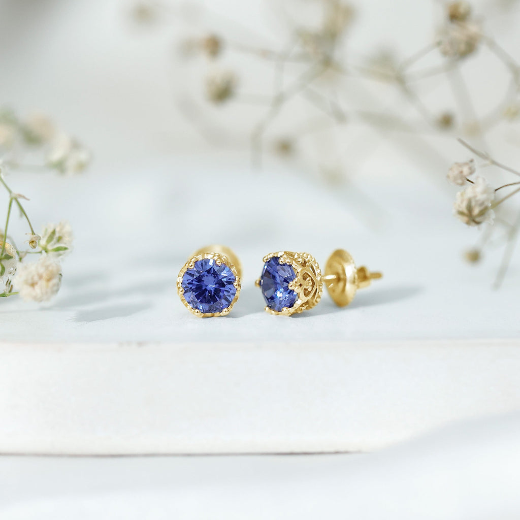 2 Carat Solitaire Lab Created Blue Sapphire Crown Stud Earrings