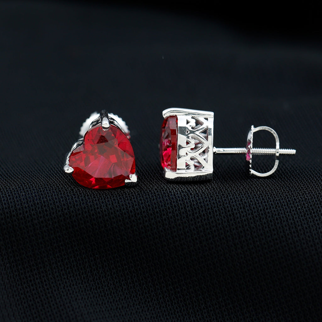 Certified 4 Carat Lab Created Ruby Heart Stud Earrings