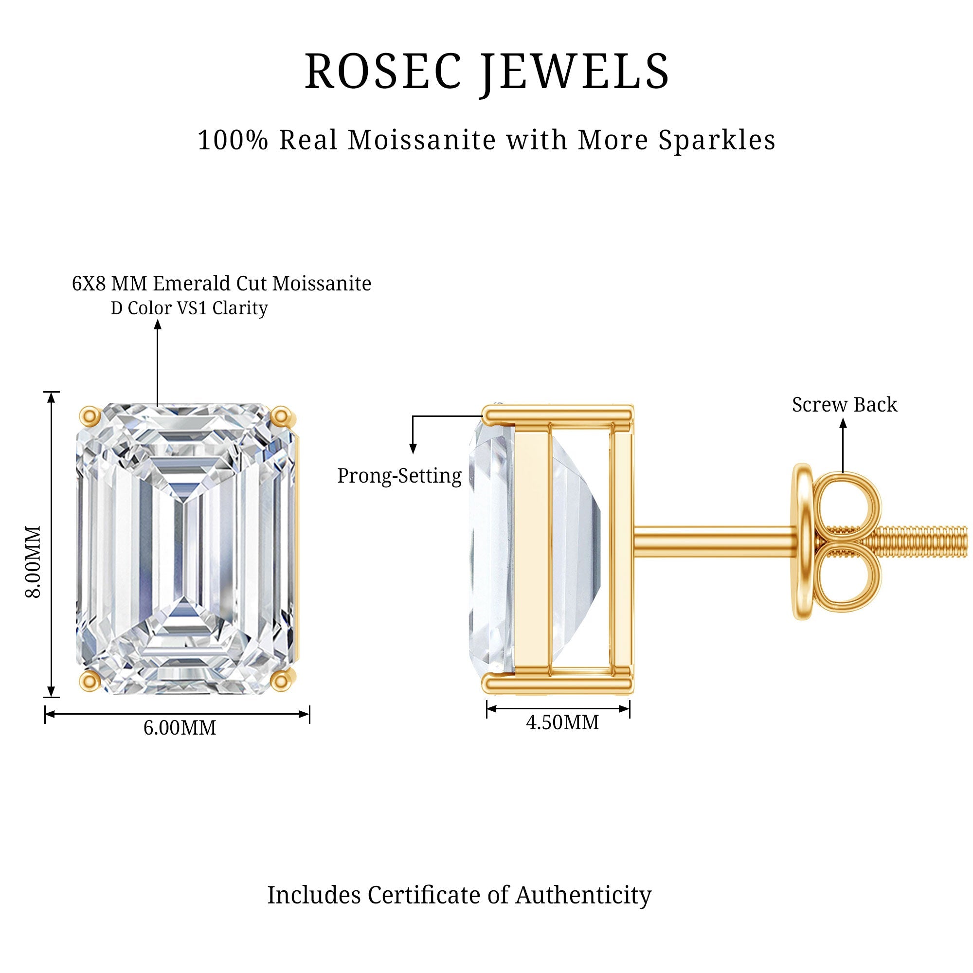 Certified Moissanite Emerald Cut Stud Earrings For Women