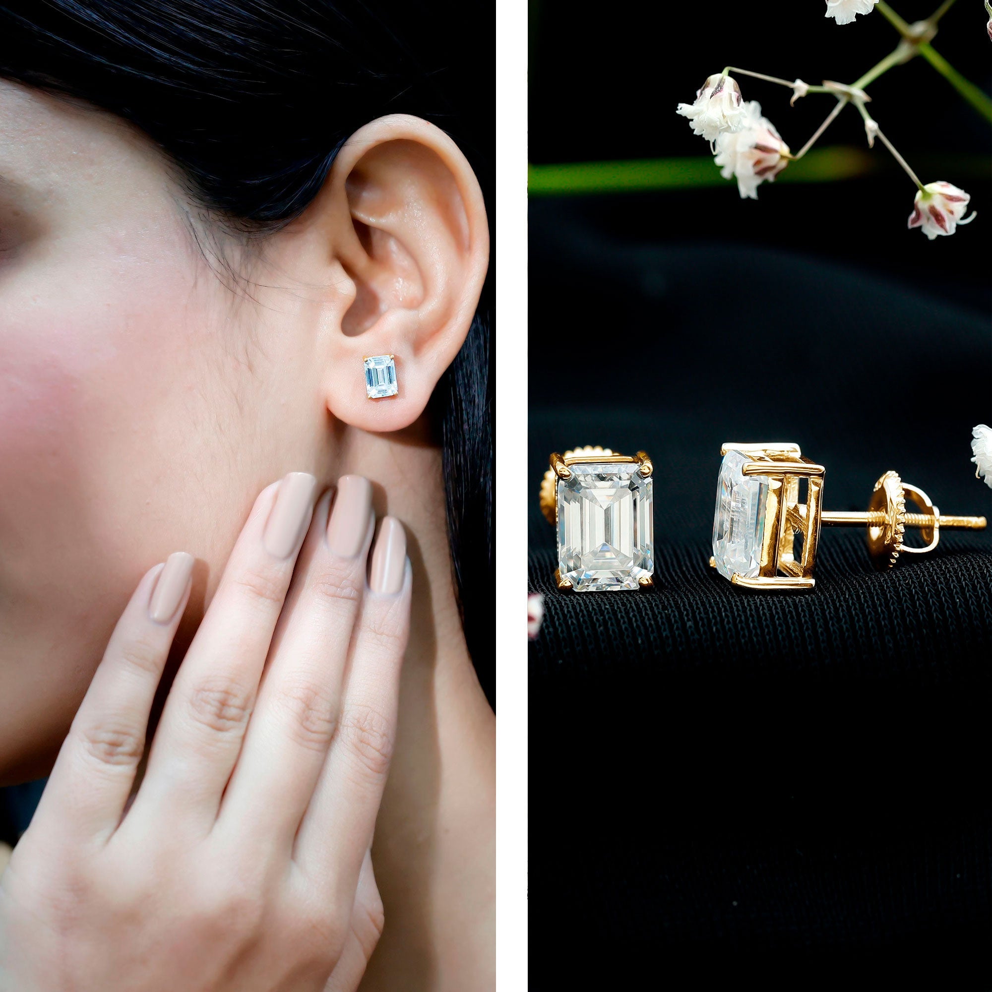 Certified Moissanite Emerald Cut Stud Earrings For Women