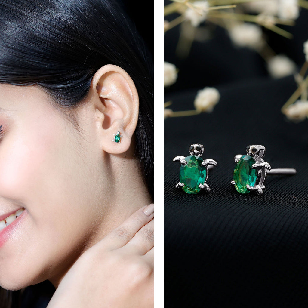 1 Carat Oval Shape Lab Created Emerald Cute Turtle Stud Earrings