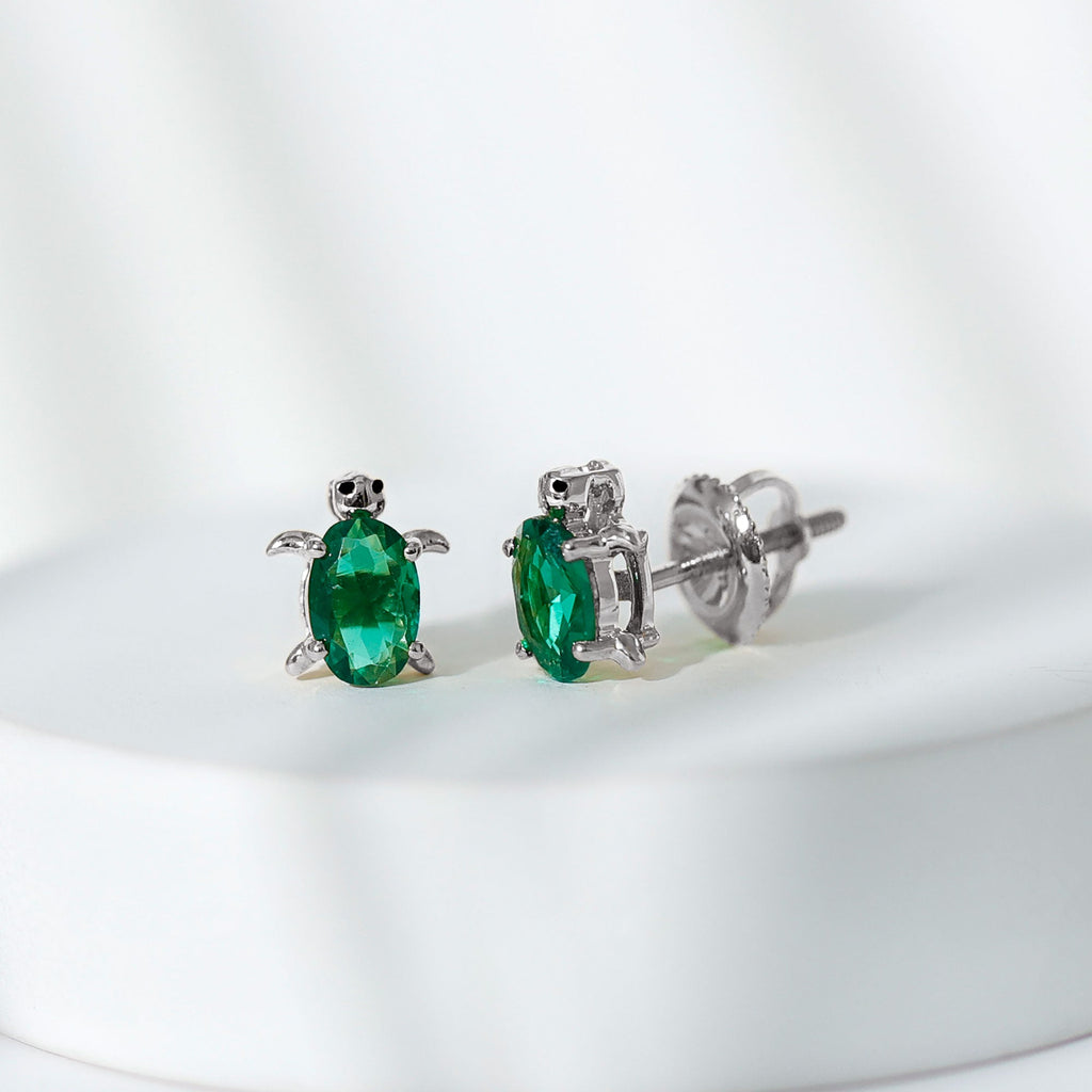 1 Carat Oval Shape Lab Created Emerald Cute Turtle Stud Earrings