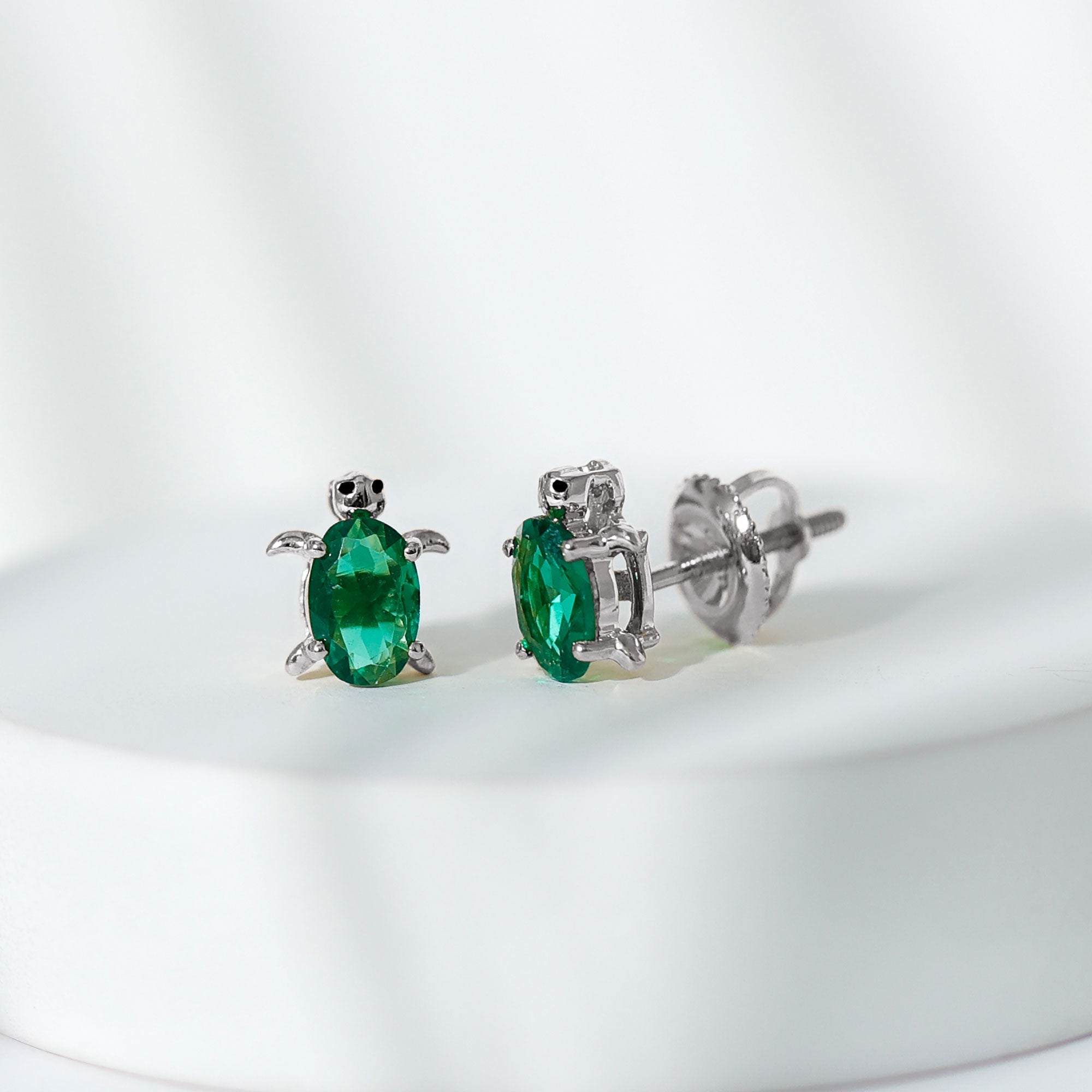 1 Carat Oval Shape Lab Created Emerald Cute Turtle Stud Earrings