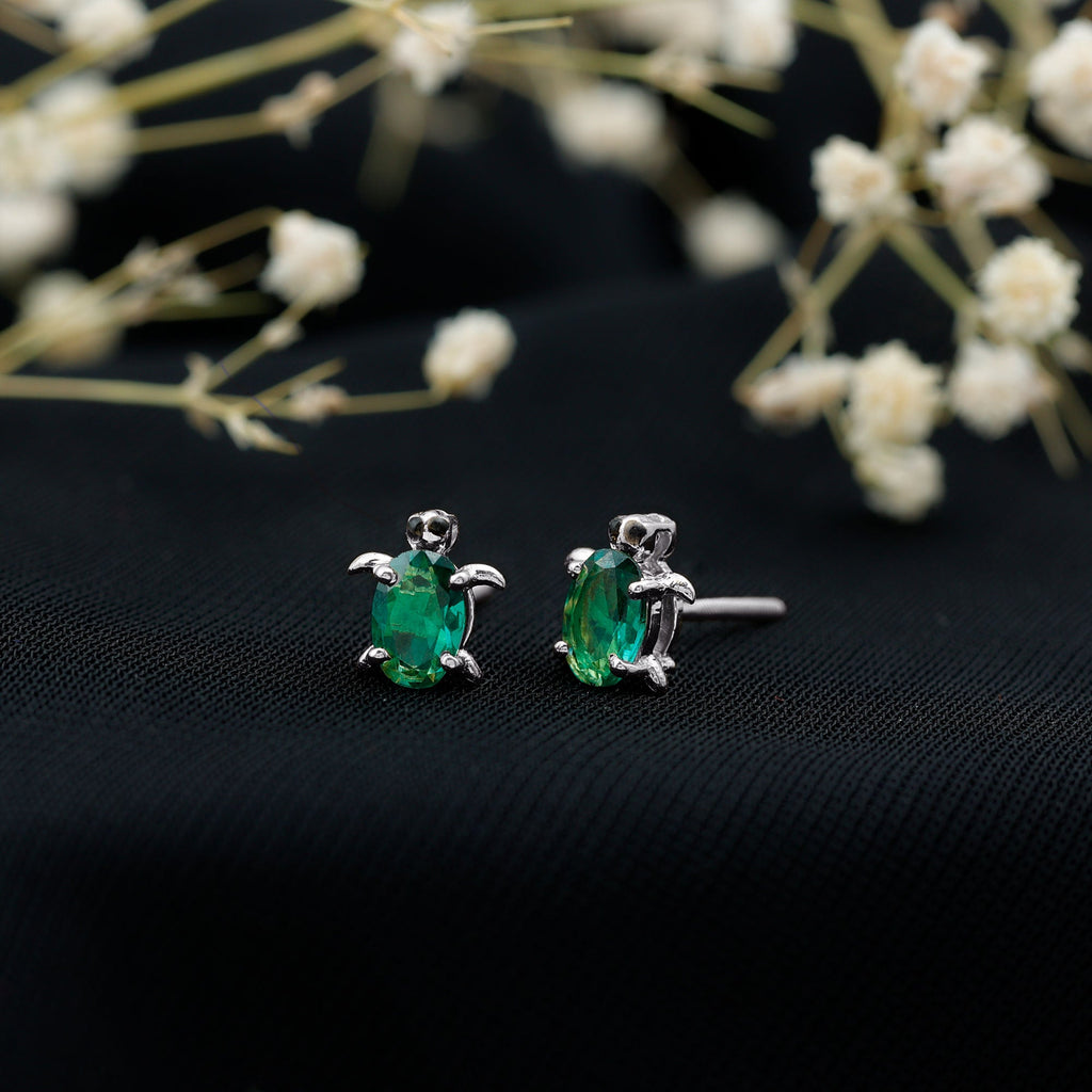 1 Carat Oval Shape Lab Created Emerald Cute Turtle Stud Earrings