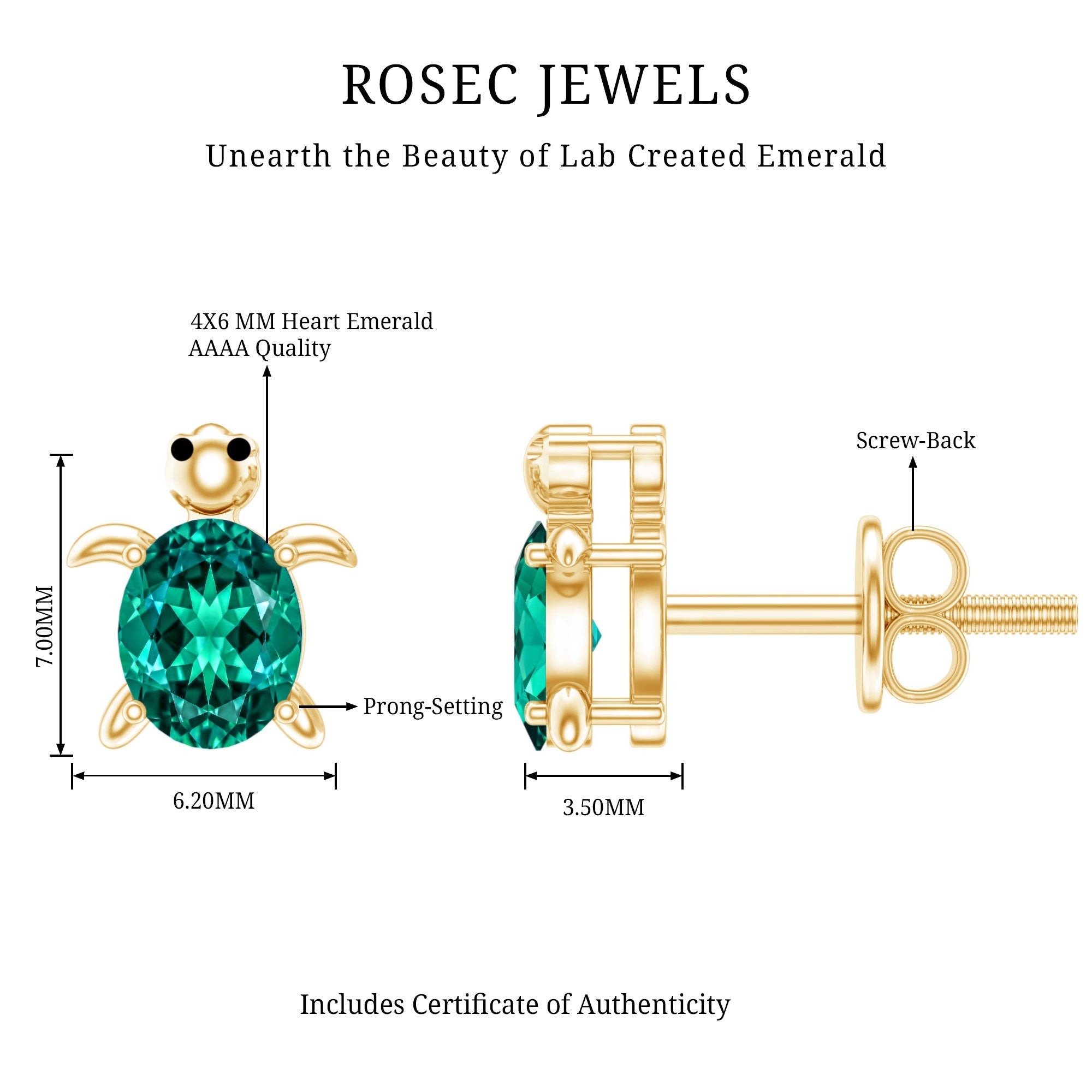 1 Carat Oval Shape Lab Created Emerald Cute Turtle Stud Earrings