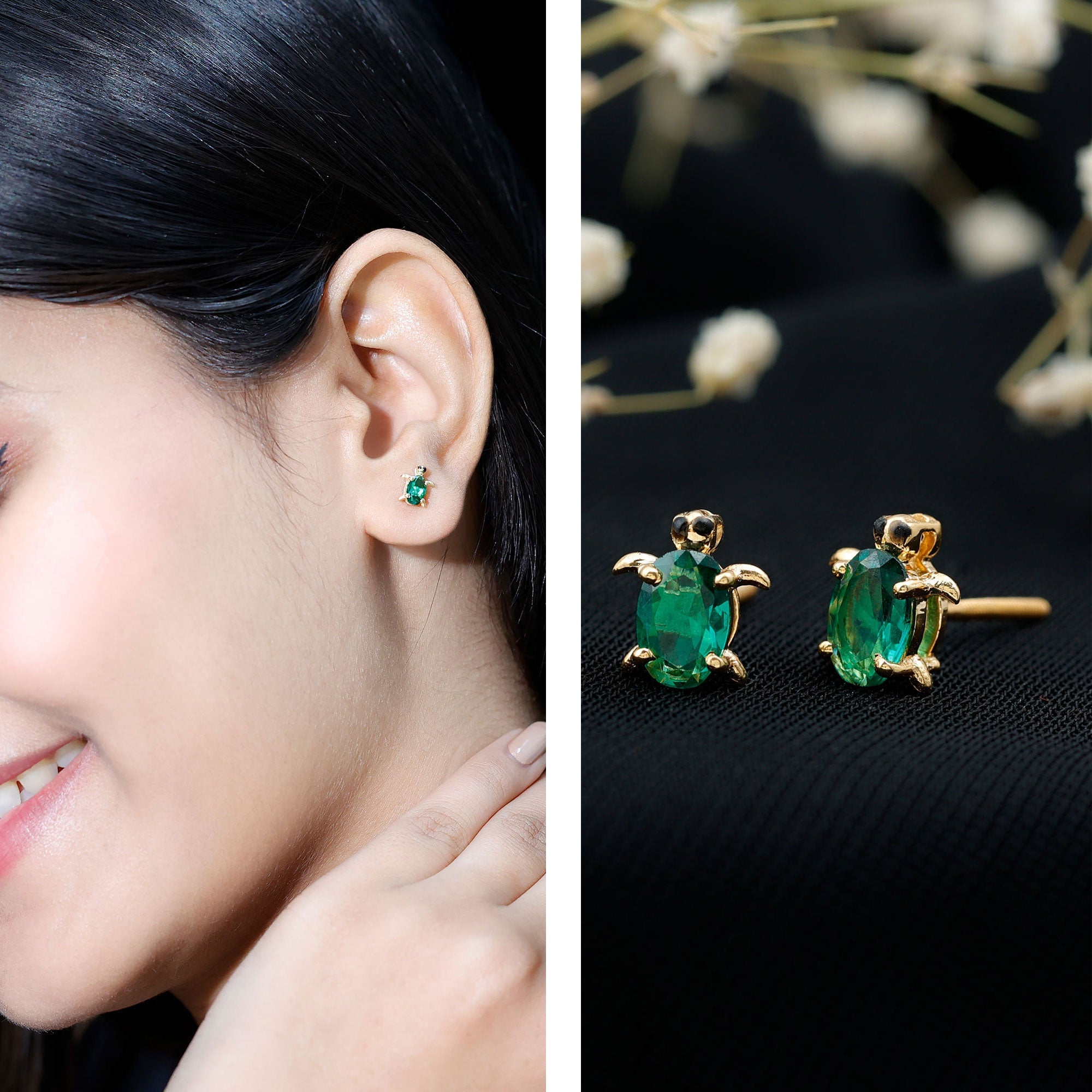 1 Carat Oval Shape Lab Created Emerald Cute Turtle Stud Earrings